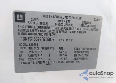 2009 Chevrolet Tahoe Ls из США, поврежденный, VIN 1GNFC13C99R206852